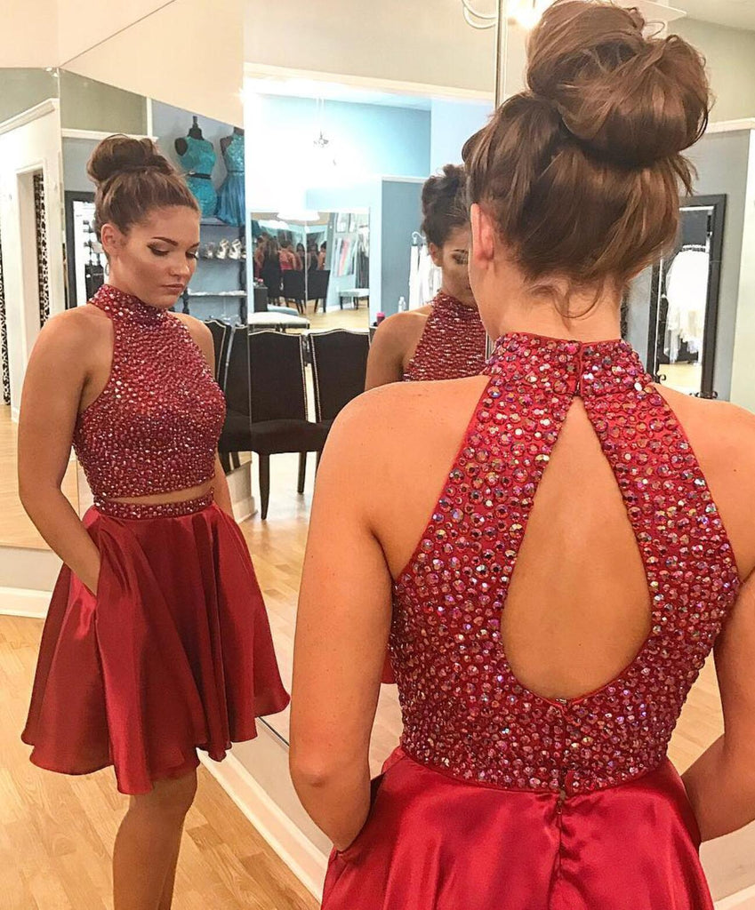 Sexy Two Piece Short Rhinestone Cute Red Homecoming Dresses 2018, CM484