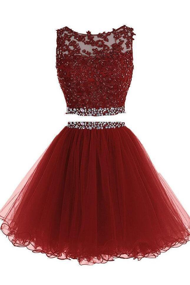 Sexy Two Pieces Burgundy  Lace Beaded Short Homecoming Dresses 2018, CM558