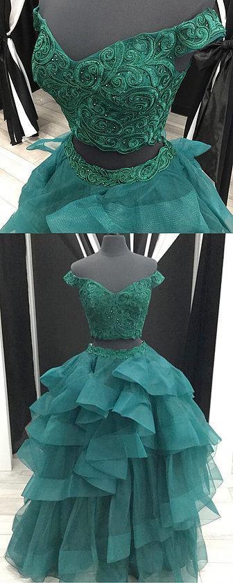 Sexy Two Pieces Emerald Green Off Shoulder V Neck Ball Gown Long Custom Evening Prom Dresses, 17414