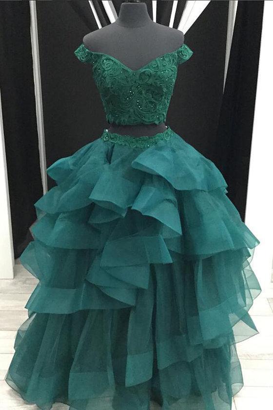 Sexy Two Pieces Emerald Green Off Shoulder V Neck Ball Gown Long Custom Evening Prom Dresses, 17414