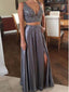 Sexy Two Pieces Grey V Neck Beaded Long Custom Evening Prom Dresses, 17410