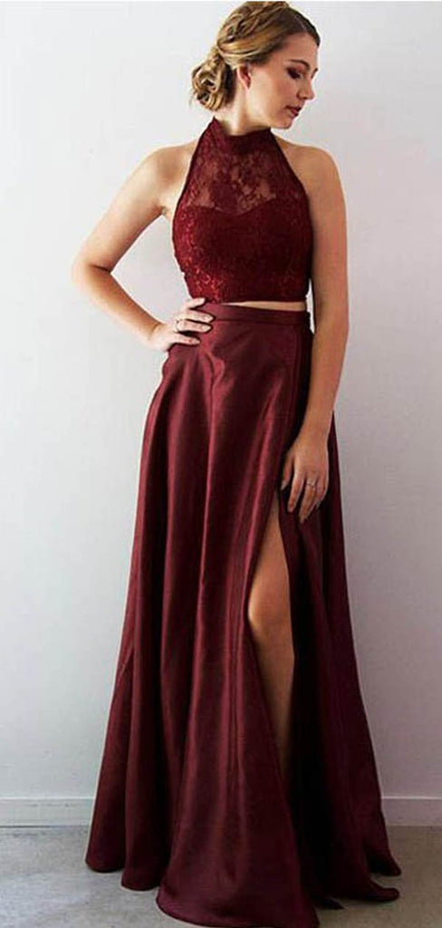 Sexy Two Pieces Halter Maroon Long Evening Prom Dresses, Cheap Sweet 16 Dresses, 18370