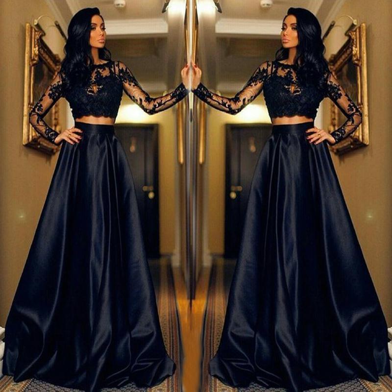 Sexy Two Pieces Long Sleeve Navy Lace Evening Prom Dresses, Popular Navy Party Prom Dresses, Custom Long Prom Dresses, Cheap Formal Prom Dresses, 17196