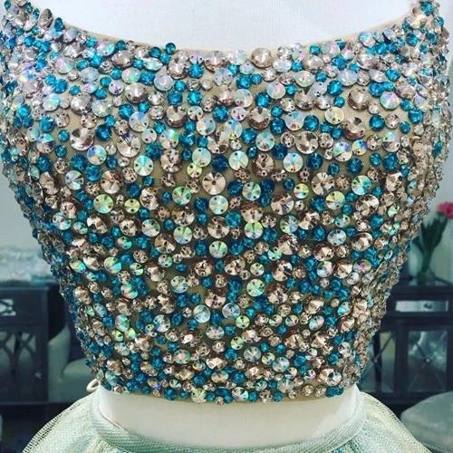 Sexy Two Pieces Rhinestone Beaded Green Long Evening Prom Dresses, Evening Party Prom Dresses, 12316