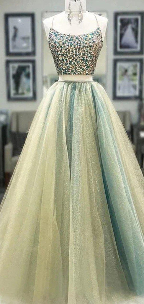 Sexy Two Pieces Rhinestone Beaded Green Long Evening Prom Dresses, Evening Party Prom Dresses, 12316