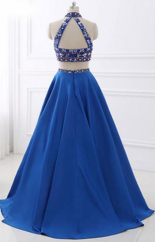 Sexy Two Pieces Rhinestone Open Back Blue Long Evening Prom Dresses, 17656