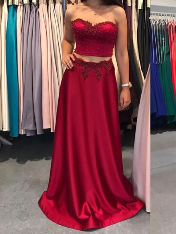 Sexy Two Pieces Strapless Red Long Evening Prom Dresses, 17710
