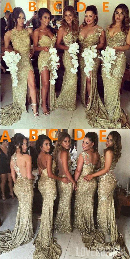 Sexy Unique Mismatched Gold Seuin Side Split Sparkly Women Long Wedding Party Dresses for Bridesmaids, WG86