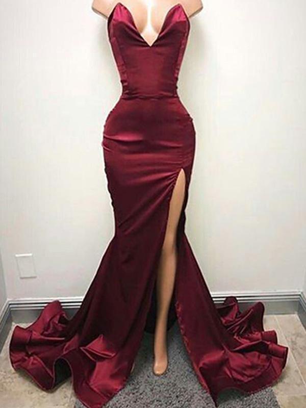 Sexy V Neck Burgundy Side Slit Mermaid Long Evening Prom Dresses, 17504