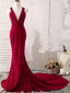 Sexy V Neck Dark Red Mermaid Long Evening Prom Dresses, 17657