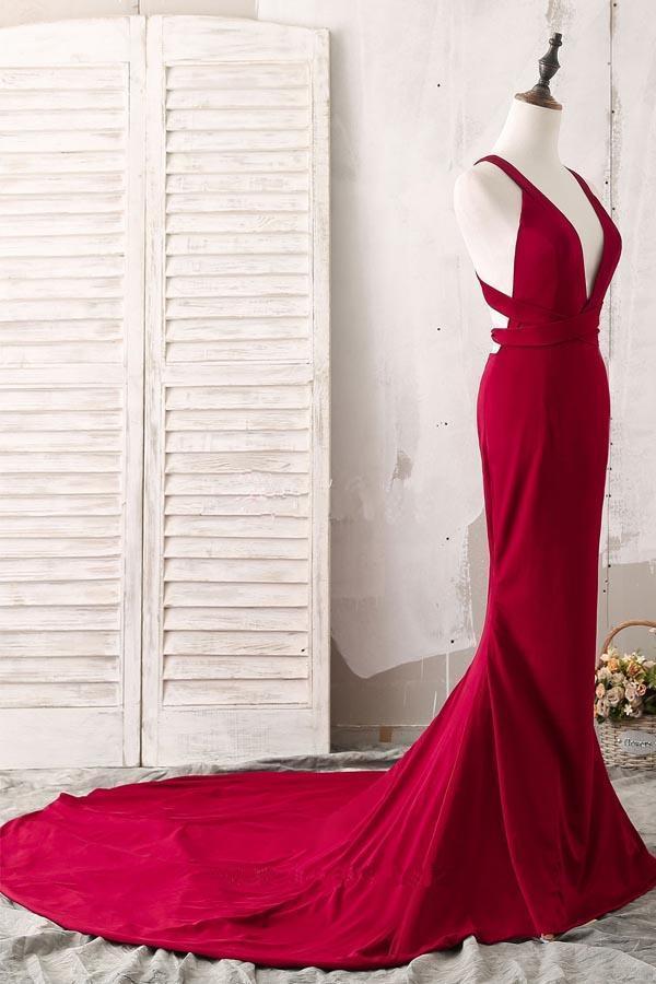 Sexy V Neck Dark Red Mermaid Long Evening Prom Dresses, 17657