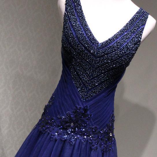 Sexy V Neck Navy Blue Beaded A-line Long Evening Prom Dresses, 17622
