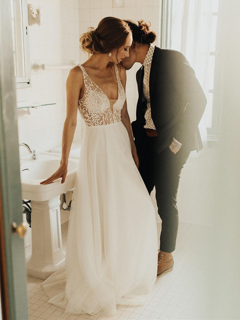 Sexy V Neck See Through Cheap Wedding Dresses, Beaded A-line Bridal Dresses, WD434