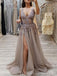 Sexy V Neck See Through Grey Side Slit Lace Long Evening Prom Dresses, Cheap Sweet 16 Dresses, 18440