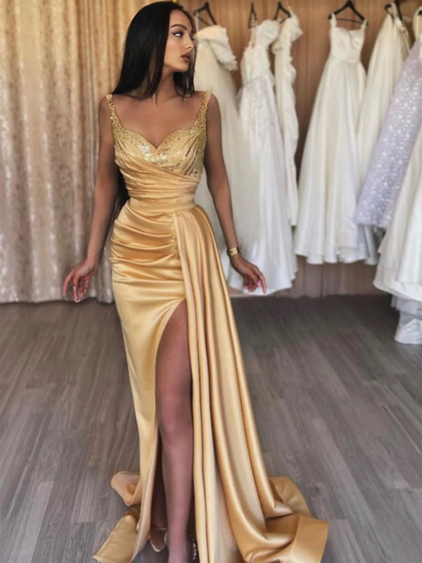 Sexy Yellow Mermaid V-neck High Slit Cheap Prom Dresses,Evening Dresses,12908