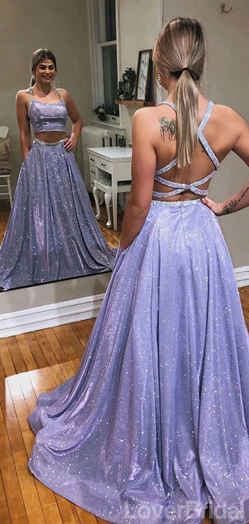 Shiny Purple A-line Two Pieces Backless Cheap Long Prom Dresses,12644