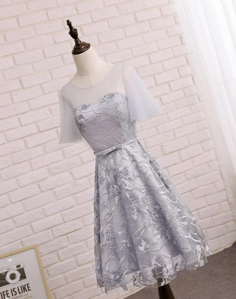 Short Sleeve Gray Lace Cute Homecoming Prom Dresses, Affordable Short Party Prom Sweet 16 Dresses, Perfect Homecoming Cocktail Dresses, CM338