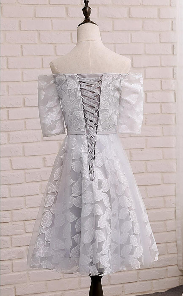 Short Sleeve Gray Leaf Lace Cute Homecoming Prom Dresses, Affordable Short Party Prom Sweet 16 Dresses, Perfect Homecoming Cocktail Dresses, CM339