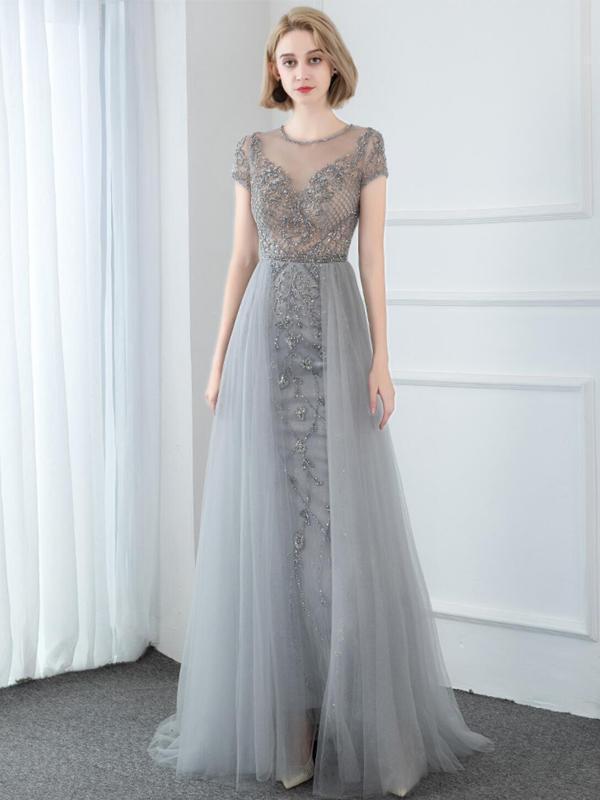 Short Sleeve Heavily Beaded Grey Long Cheap Evening Prom Dresses, Evening Party Prom Dresses, 12327