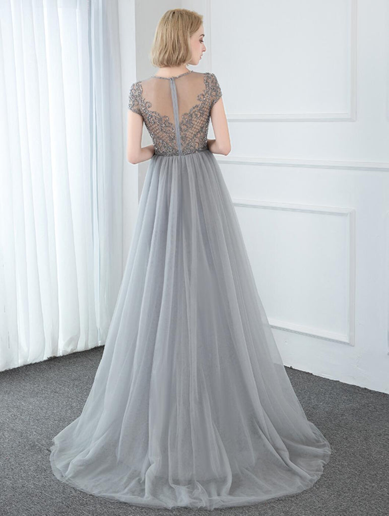 Short Sleeve Heavily Beaded Grey Long Cheap Evening Prom Dresses, Evening Party Prom Dresses, 12327