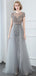 Short Sleeve Heavily Beaded Grey Long Cheap Evening Prom Dresses, Evening Party Prom Dresses, 12327