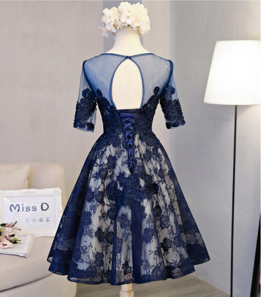 Short Sleeve Navy Lace Open Back Homecoming Prom Dresses, Affordable Short Party Prom Dresses, Perfect Homecoming Dresses, CM298