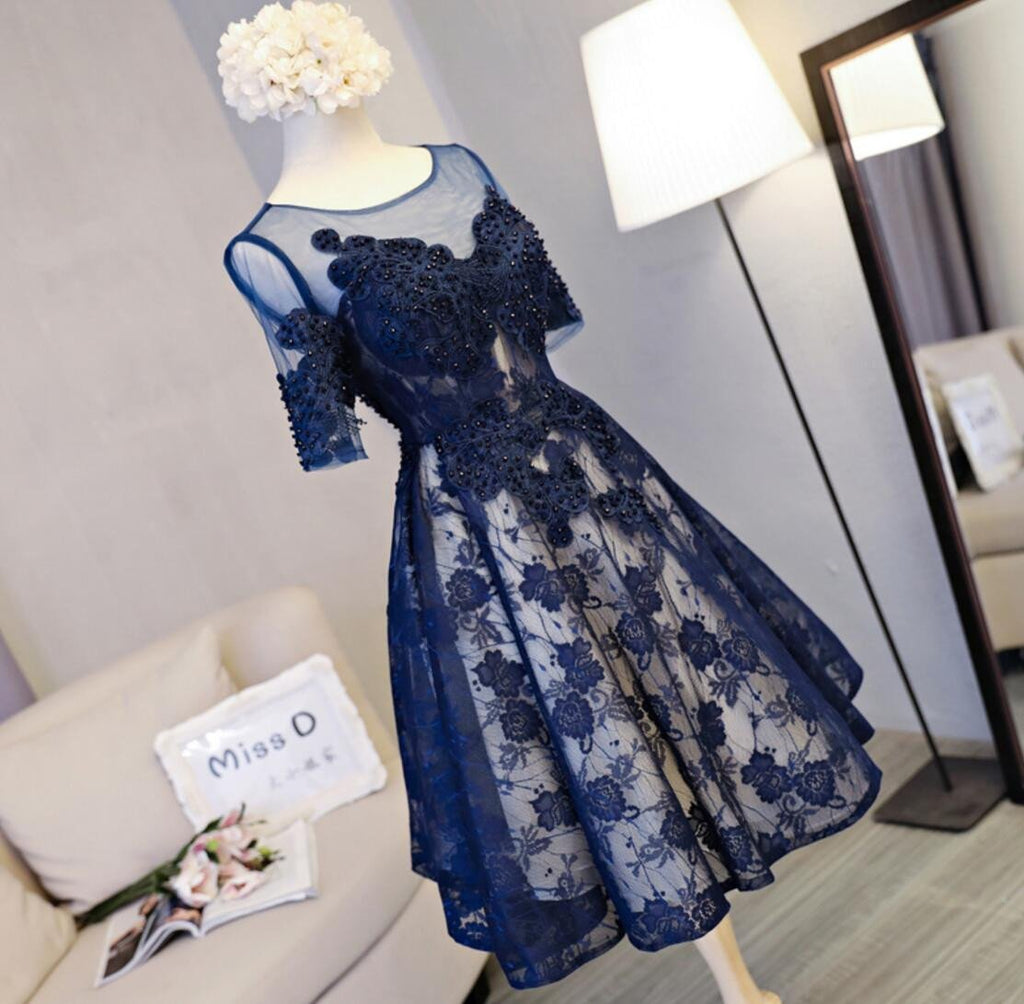 Short Sleeve Navy Lace Open Back Homecoming Prom Dresses, Affordable Short Party Prom Dresses, Perfect Homecoming Dresses, CM298