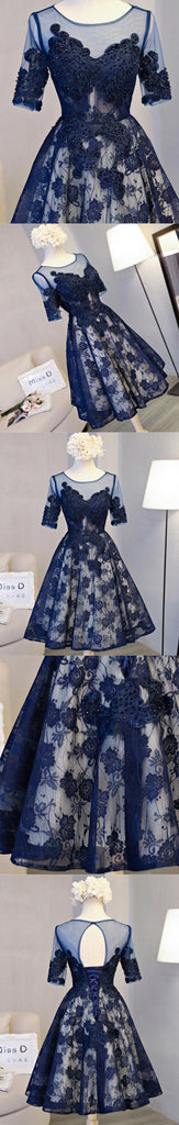 Short Sleeve Navy Lace Open Back Homecoming Prom Dresses, Affordable Short Party Prom Dresses, Perfect Homecoming Dresses, CM298