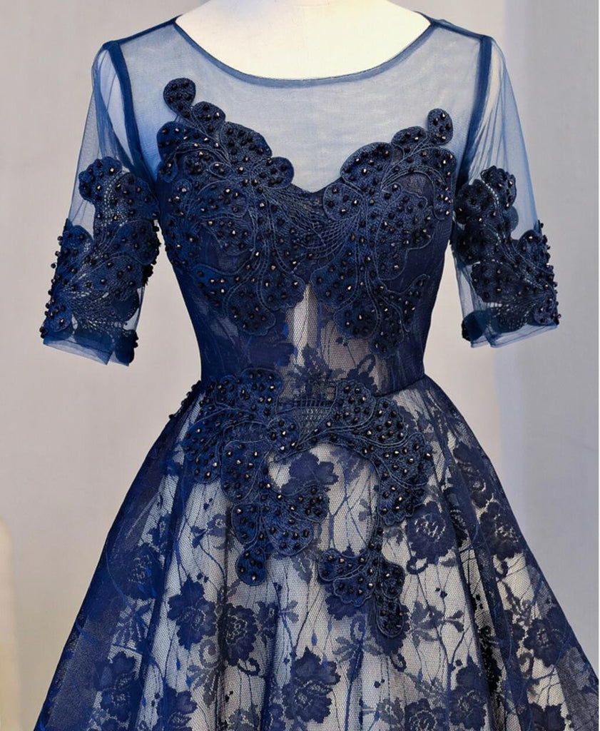 Short Sleeve Navy Lace Open Back Homecoming Prom Dresses, Affordable Short Party Prom Dresses, Perfect Homecoming Dresses, CM298