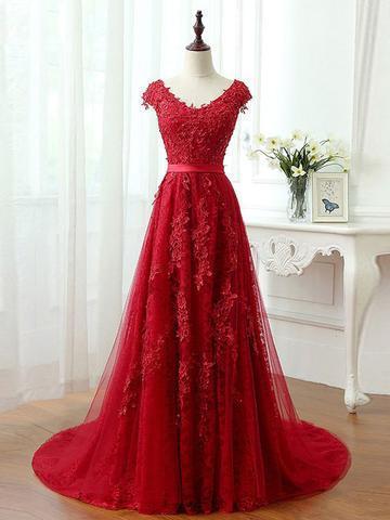 Short Sleeve Scoop Neckline Red Lace Beaded Long Evening Prom Dresses, Popular Cheap Long 2022 Party Prom Dresses, 17308