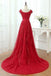 Short Sleeve Scoop Neckline Red Lace Beaded Long Evening Prom Dresses, Popular Cheap Long 2022 Party Prom Dresses, 17308