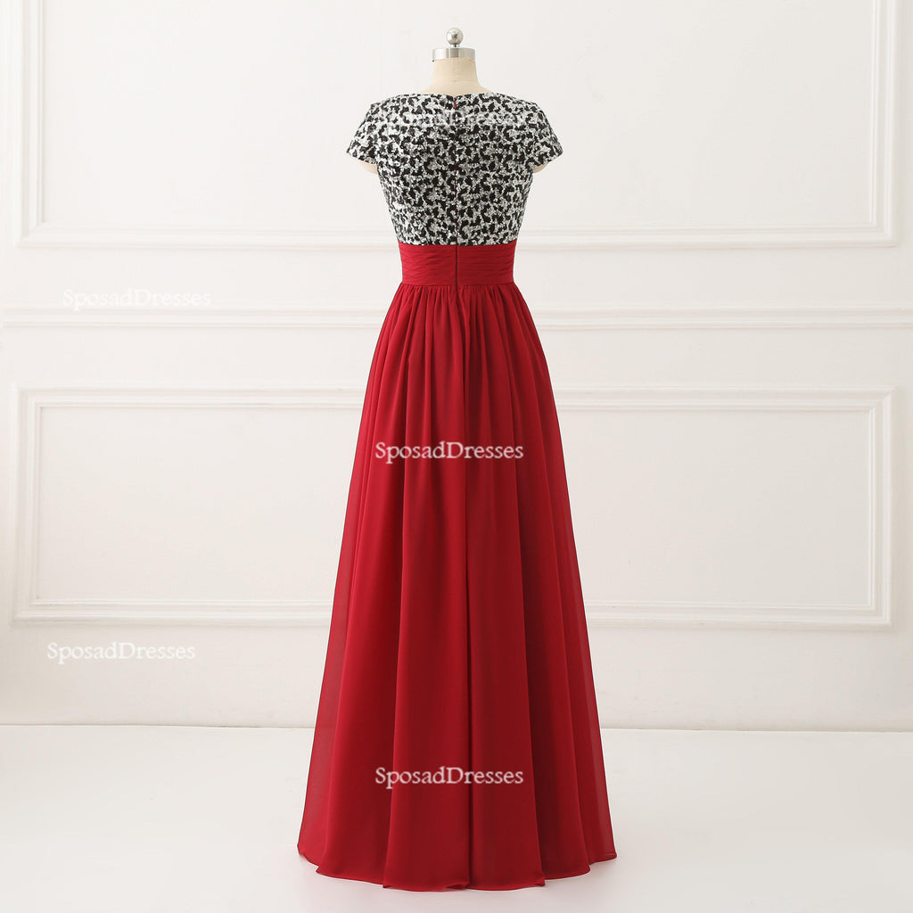 Short Sleeve Sequin Top Red Chiffon Skirt V Neckline Custom Bridesmaid Dresses, Cheap Unique Chiffon Long Bridesmaid Gown, BD120