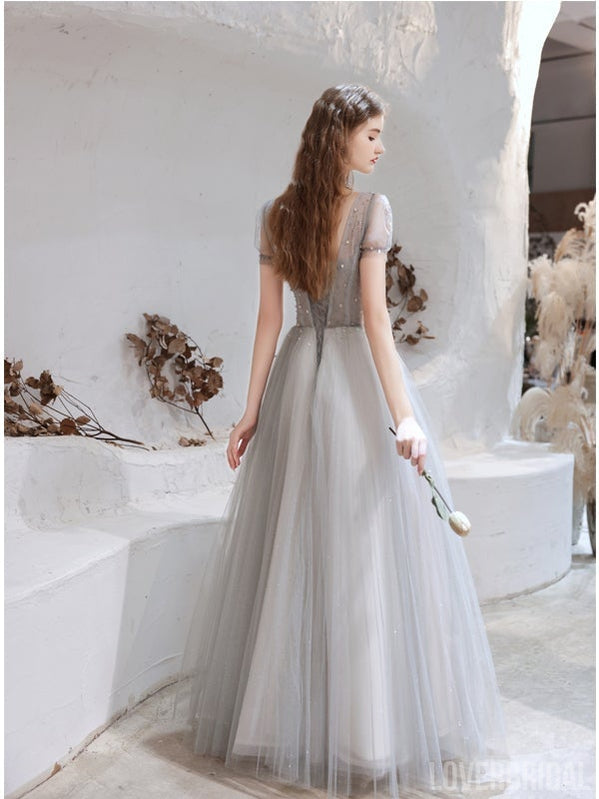 Short Sleeves A-line V-neck Long Prom Dresses Online,Evening Party Dresses,12572