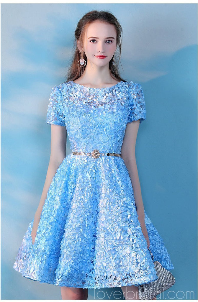 Short Sleeves Blue Lace Cheap Homecoming Dresses Online, Cheap Short Prom Dresses, CM777