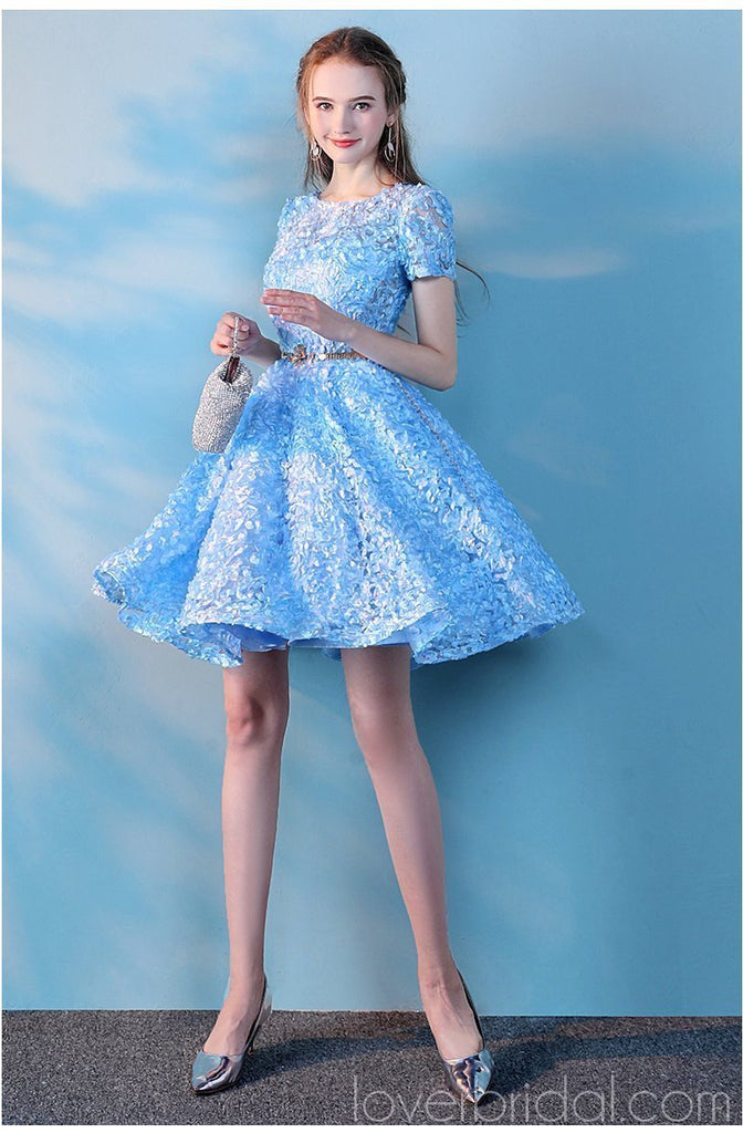 Short Sleeves Blue Lace Cheap Homecoming Dresses Online, Cheap Short Prom Dresses, CM777