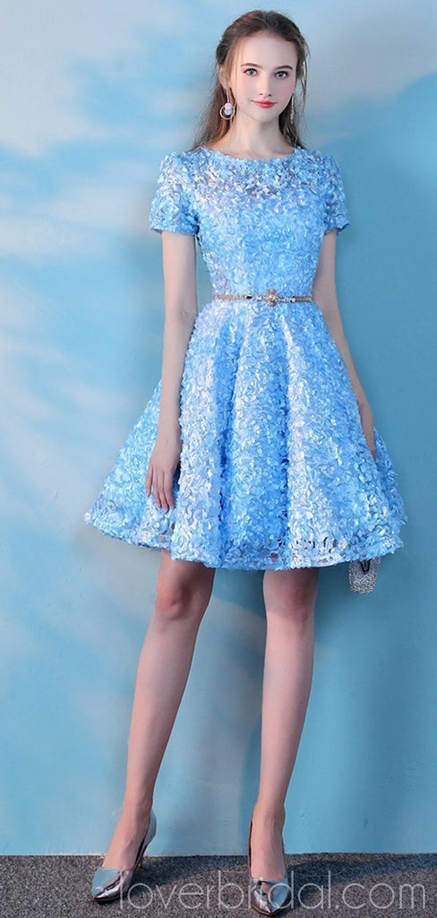 Short Sleeves Blue Lace Cheap Homecoming Dresses Online, Cheap Short Prom Dresses, CM777