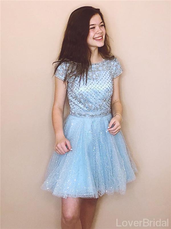 Short Sleeves Blue Sequin Sparkly Cheap Short Homecoming Dresses Online, Cheap Short Prom Dresses, CM831