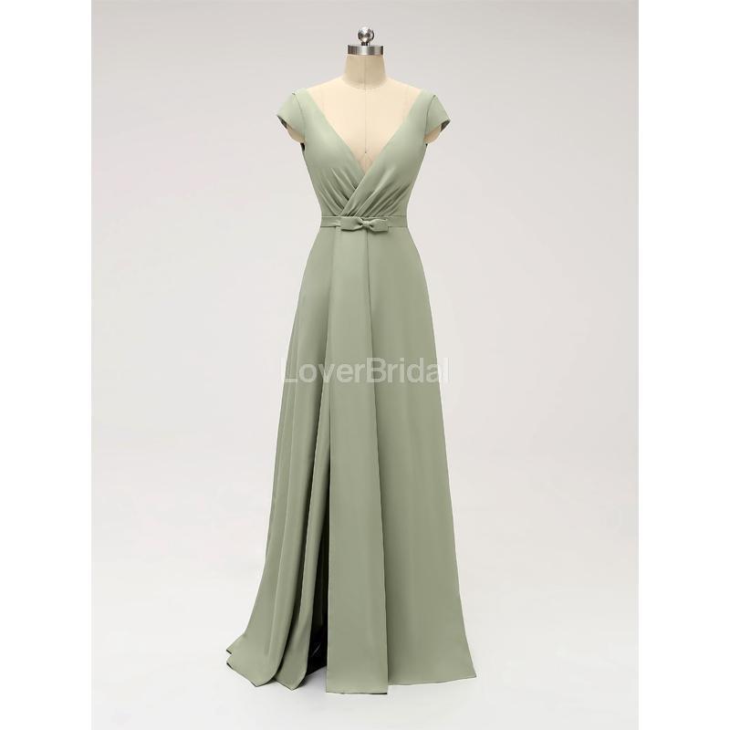 Short Sleeves Floor Length Chiffon Sofa Green Cheap Bridesmaid Dresses Online, WG587