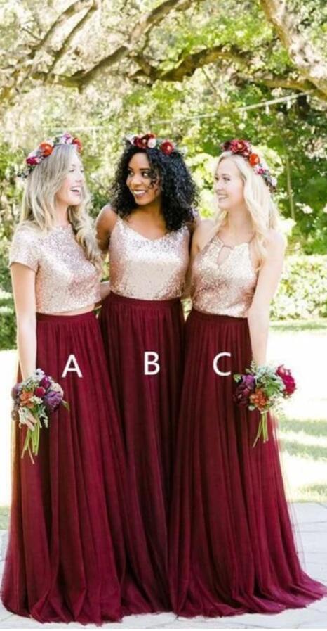 Short Sleeves Gold Sequin Burgundy Skirt A-line Long Bridesmaid Dresses Online, WG253