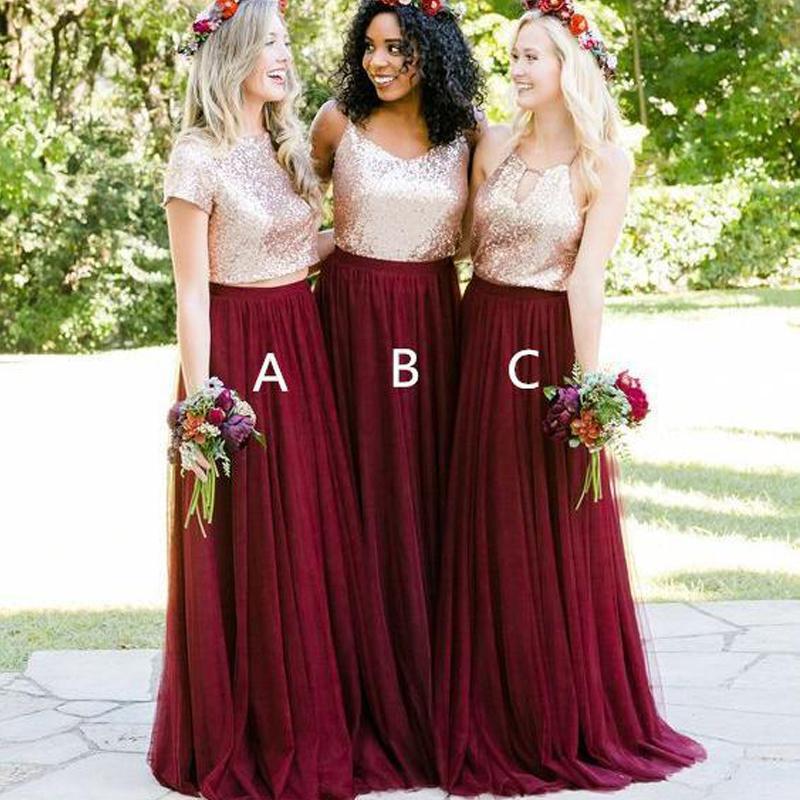 Short Sleeves Gold Sequin Burgundy Skirt A-line Long Bridesmaid Dresses Online, WG253