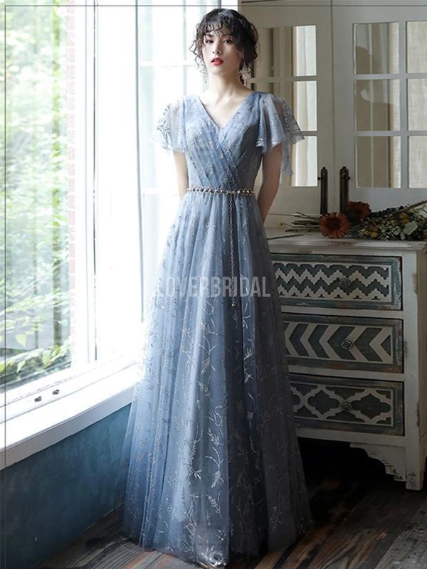 Short Sleeves Grey Lace Long Evening Prom Dresses, Evening Party Prom Dresses, 12218