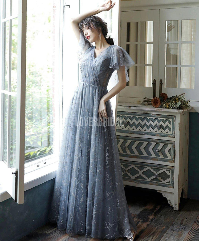 Short Sleeves Grey Lace Long Evening Prom Dresses, Evening Party Prom Dresses, 12218