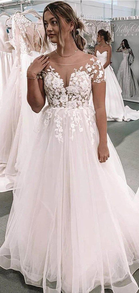 Short Sleeves Lace Applique Cheap Wedding Dresses Online, Cheap Bridal Dresses, WD615