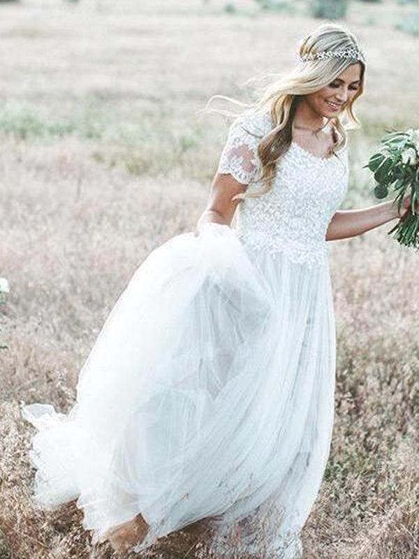 Short Sleeves Lace Applique Wedding Dresses Online, Cheap Bridal Dresses, WD648