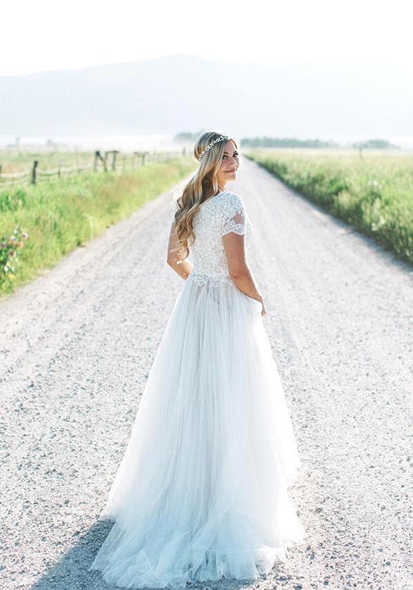 Short Sleeves Lace Applique Wedding Dresses Online, Cheap Bridal Dresses, WD648