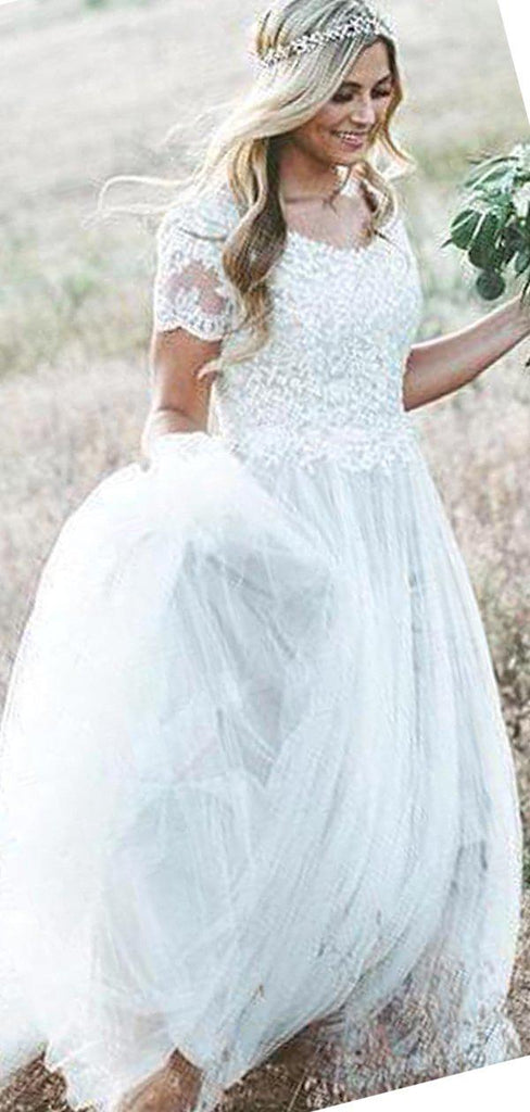 Short Sleeves Lace Applique Wedding Dresses Online, Cheap Bridal Dresses, WD648