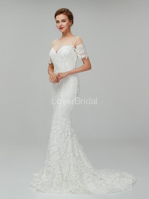 Short Sleeves Lace Mermaid Cheap Wedding Dresses Online, Cheap Bridal Dresses, WD557