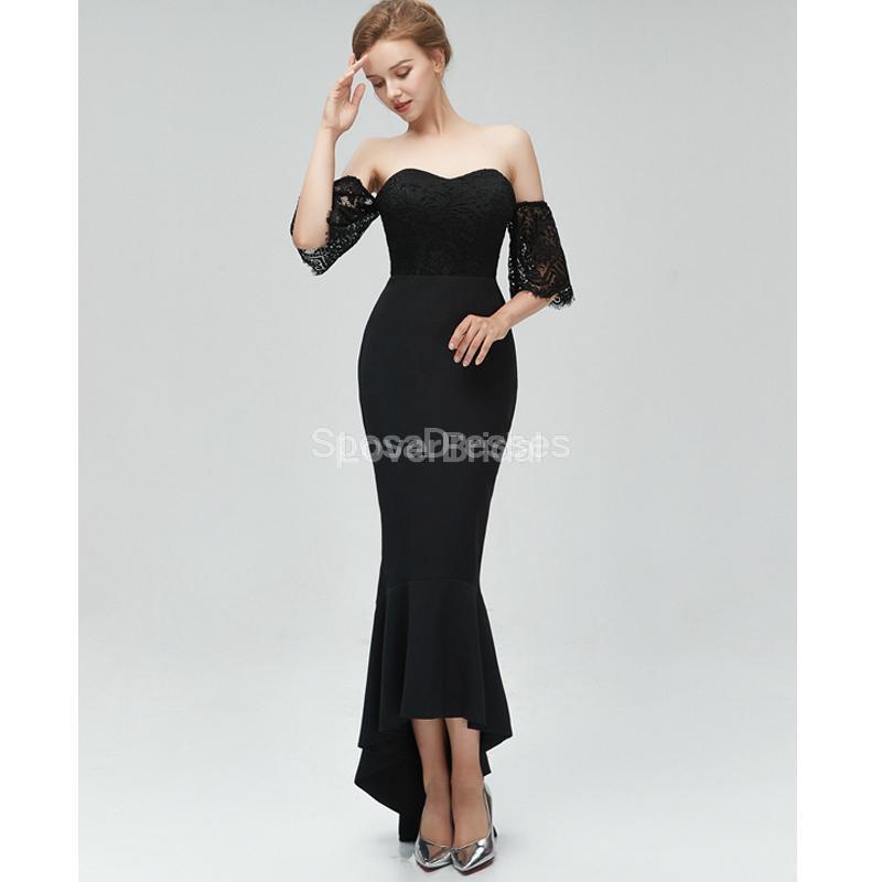 Short Sleeves Lace Mermaid High Low Black Cheap Bridesmaid Dresses Online, WG581