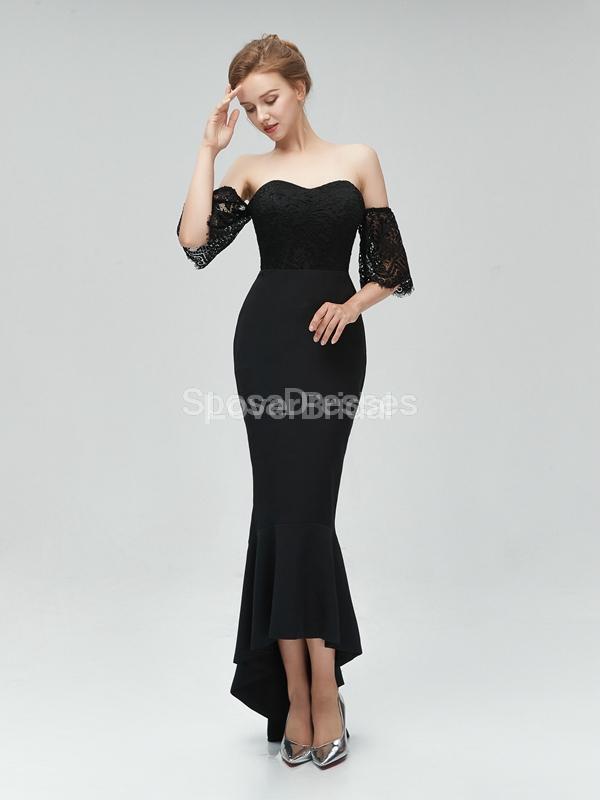 Short Sleeves Lace Mermaid High Low Black Cheap Bridesmaid Dresses Online, WG581