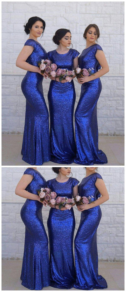 Short Sleeves Royal Blue Mermaid Cheap Long Bridesmaid Dresses Online, WG252